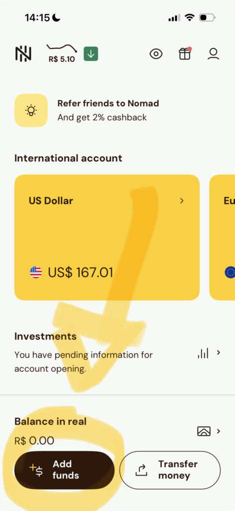 adicionar dinheiro nomad